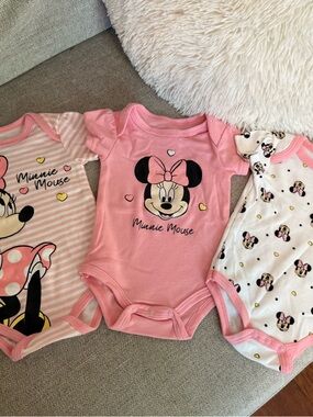 Disney Minnie Mouse Pink and White Baby One-Piece Bodysuits - 3-Pack